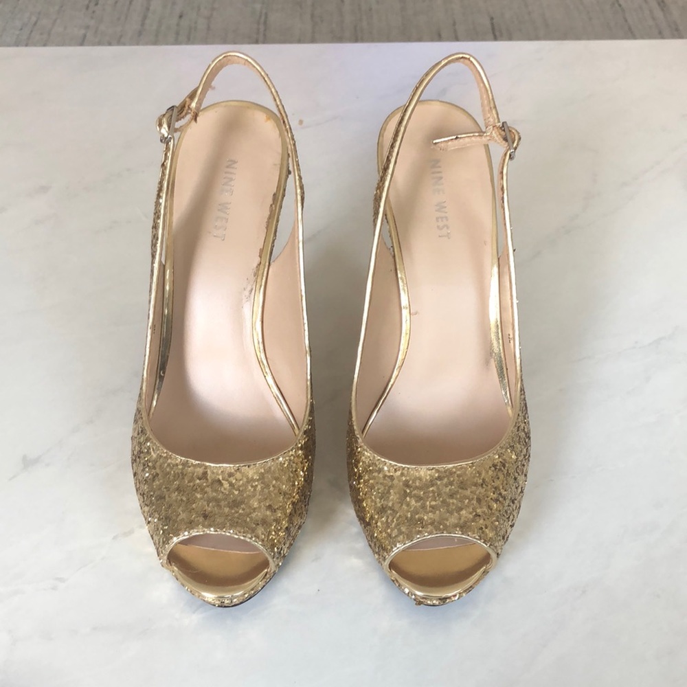 Gold Sling Back Sandals 4 1/2 inch heels